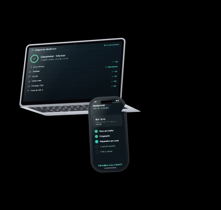 Rapport de diagnostic MacPower sur un Mac, et le suivi de réparation étape par étape sur un téléphone