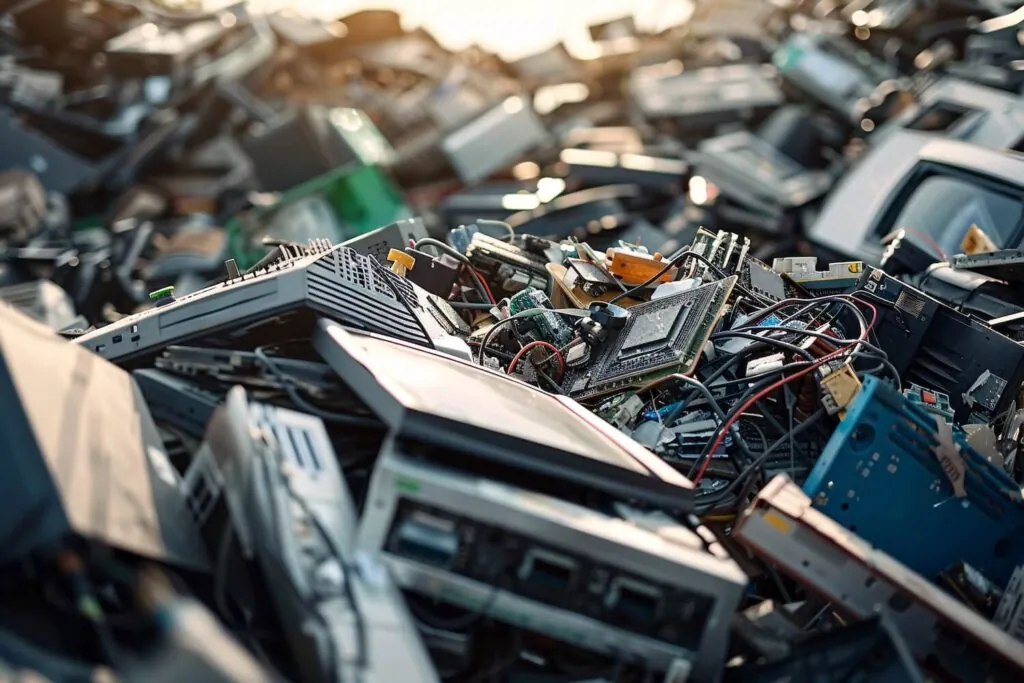 Amoncellement d'appareils électroniques mis au rebut dans une décharge